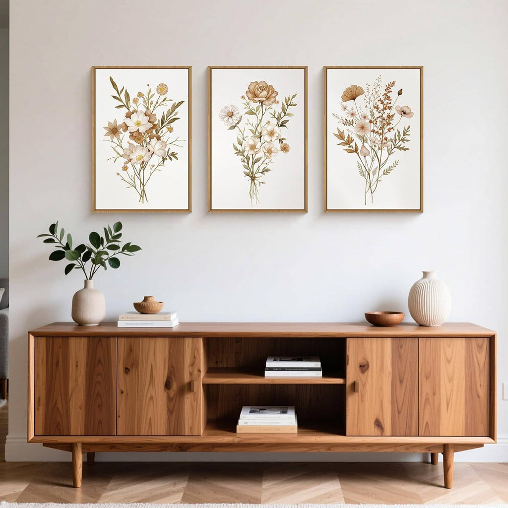 Three framed botanical flower canvas prints with gold frames on a wall