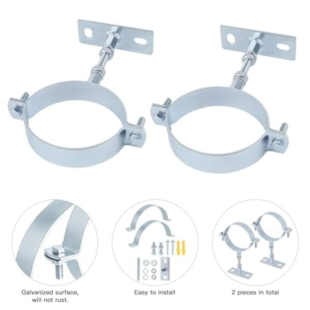 Two galvanized split-ring pipe brackets with adjustable clamps and mounting plates
