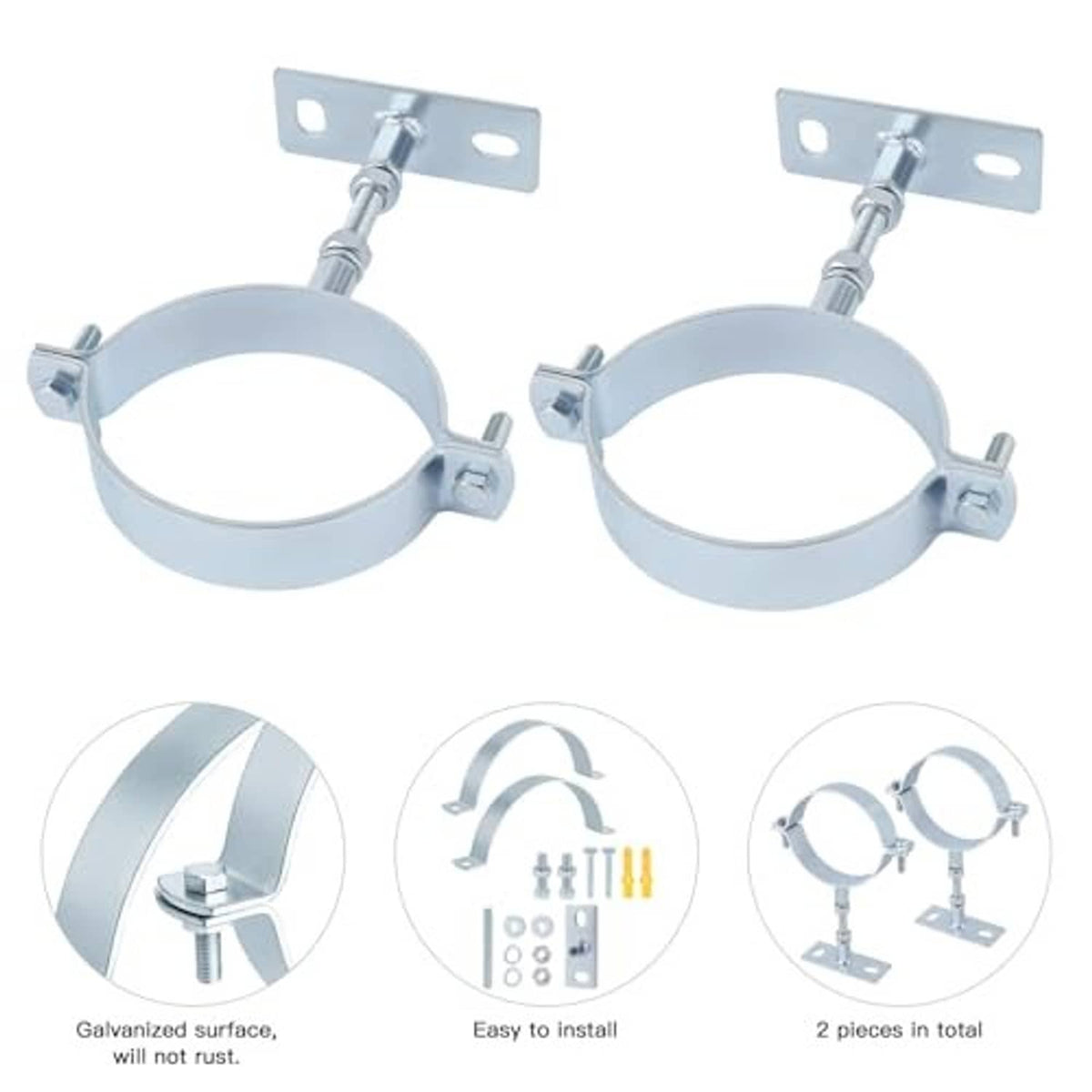Two galvanized split-ring pipe brackets with adjustable clamps and mounting plates