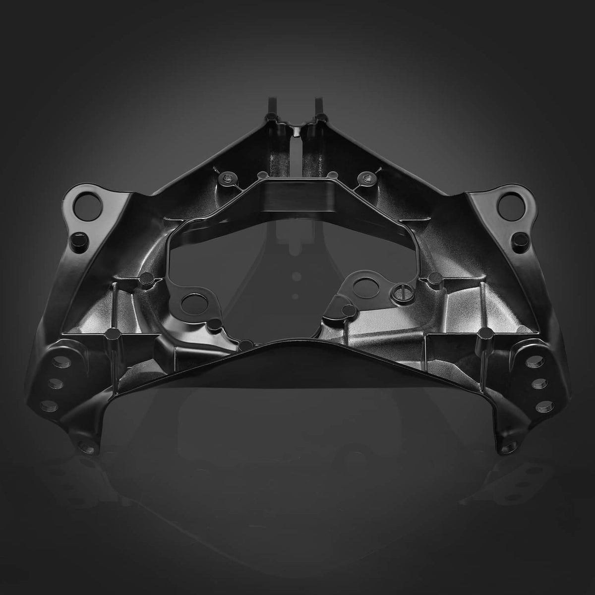 Black headlight fairing stay bracket with central opening and mounting holes