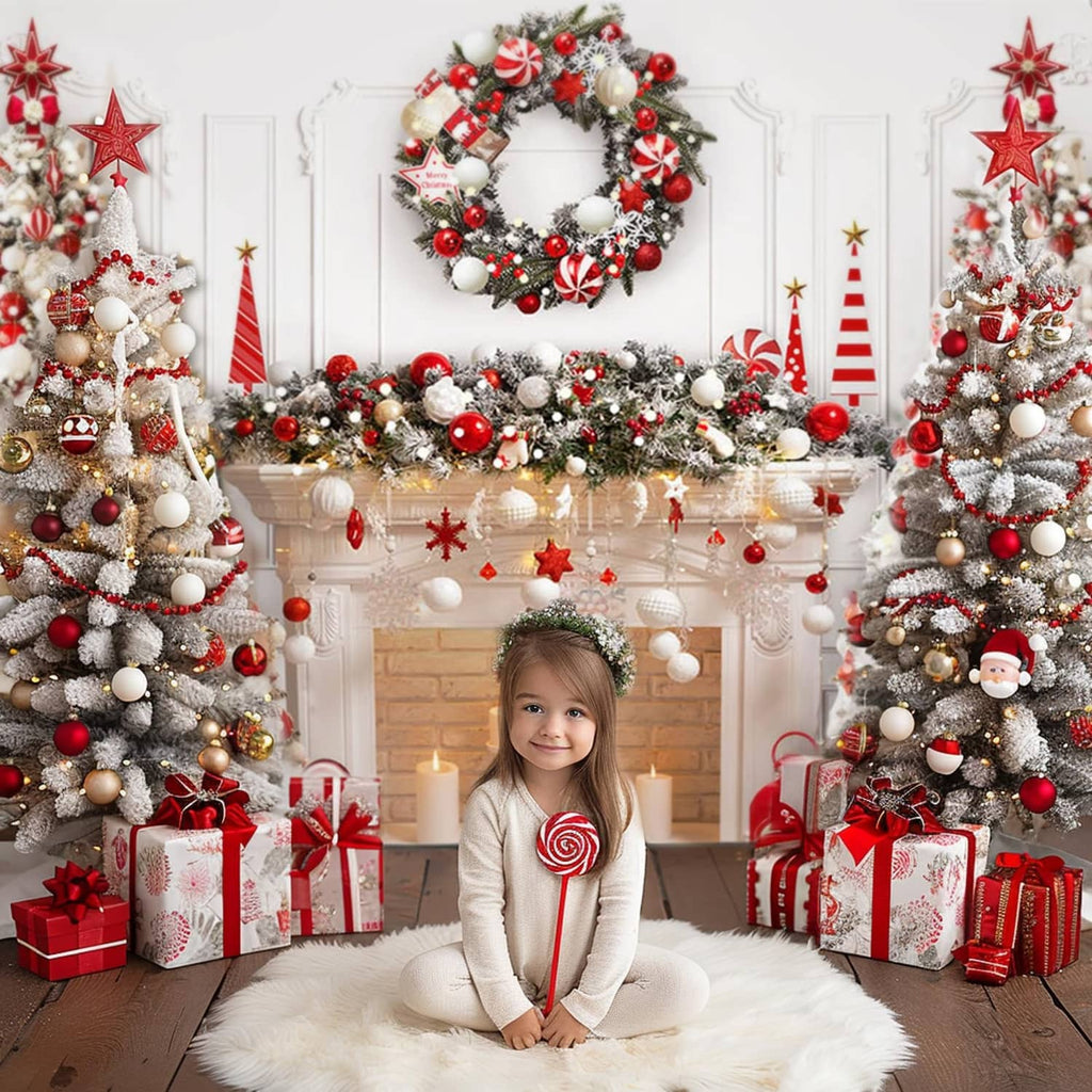 Christmas fireplace backdrop featuring a holiday wreath, lights, and red and white ornaments