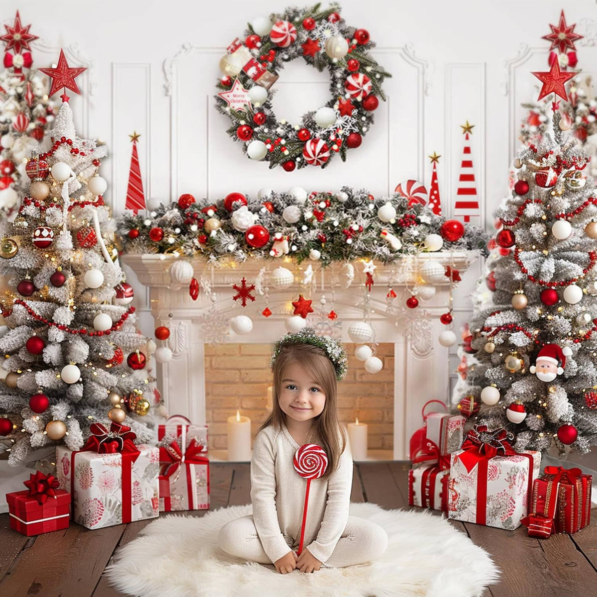 Christmas fireplace backdrop featuring a holiday wreath, lights, and red and white ornaments