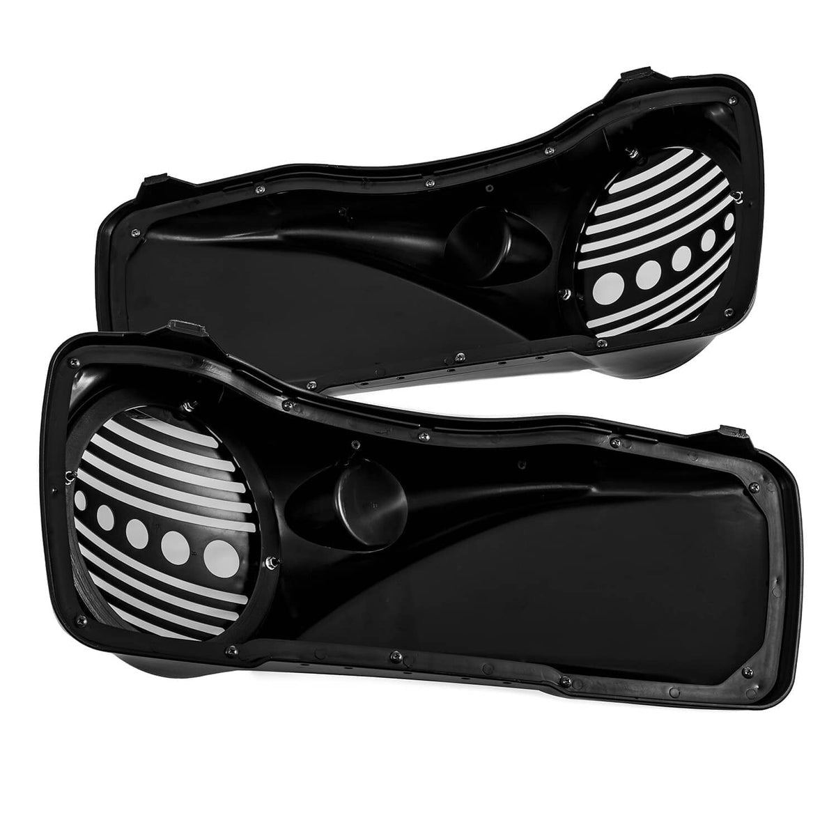 8-inch black speaker lids pair with tweeter port and striped grille insert