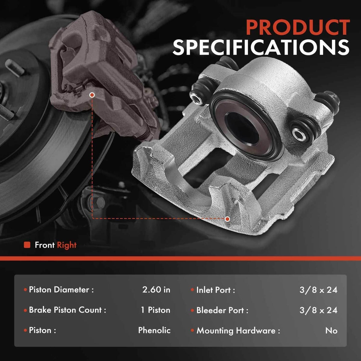 Front right brake caliper housing with front piston bore and mounting points