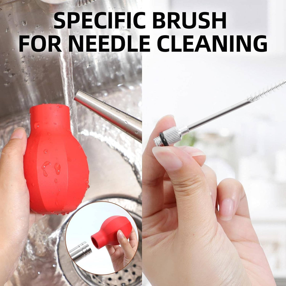 Needle cleaning brush attachment for turkey baster injector needles with red cap