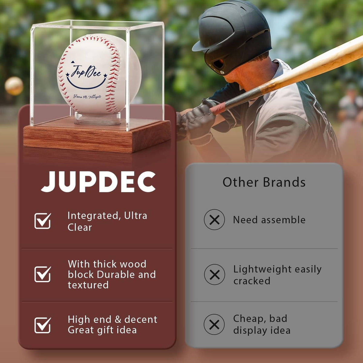 Clear acrylic baseball display case with brown wood base, cube centered on stand