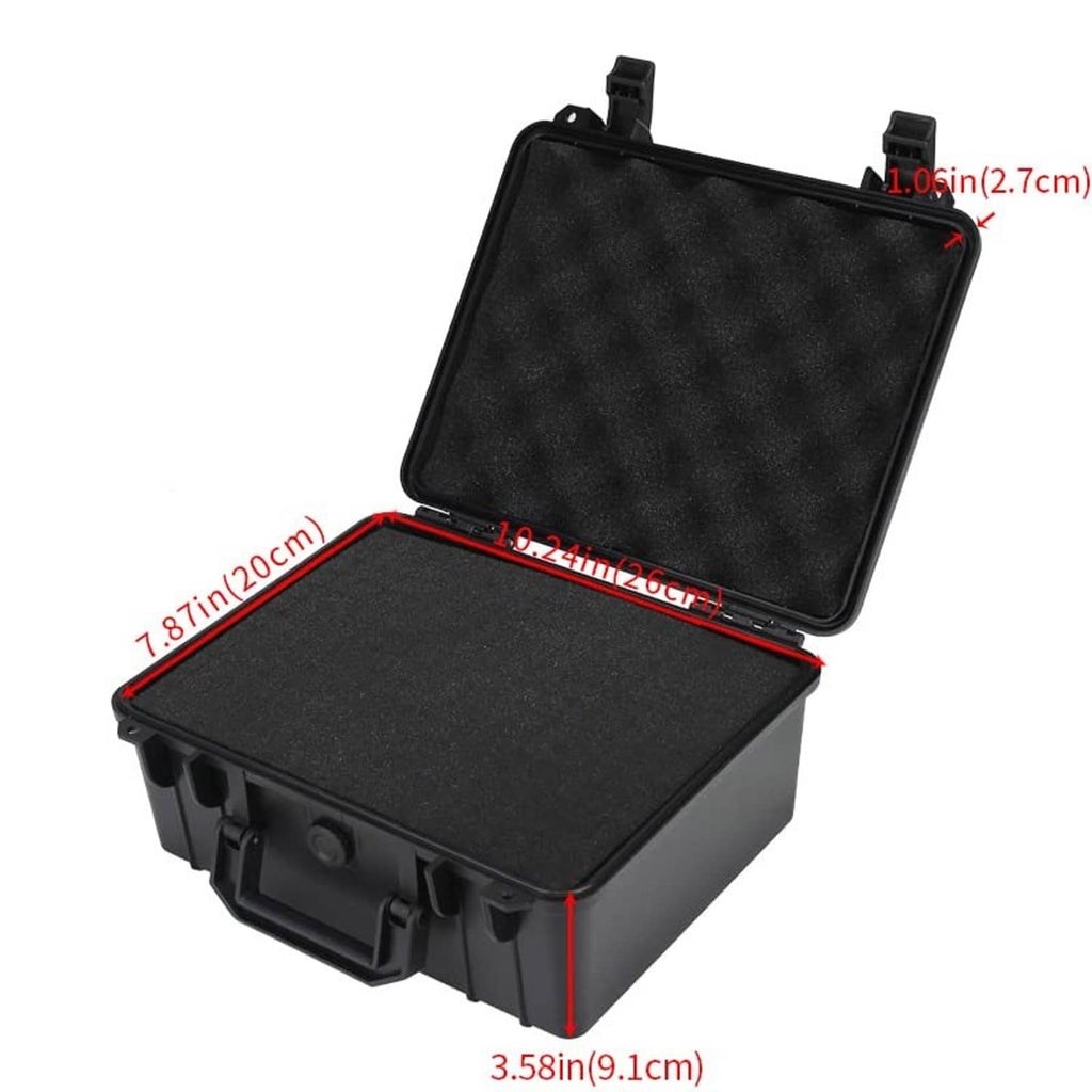 Black hard case with lid open showing gray foam insert and hinge hardware