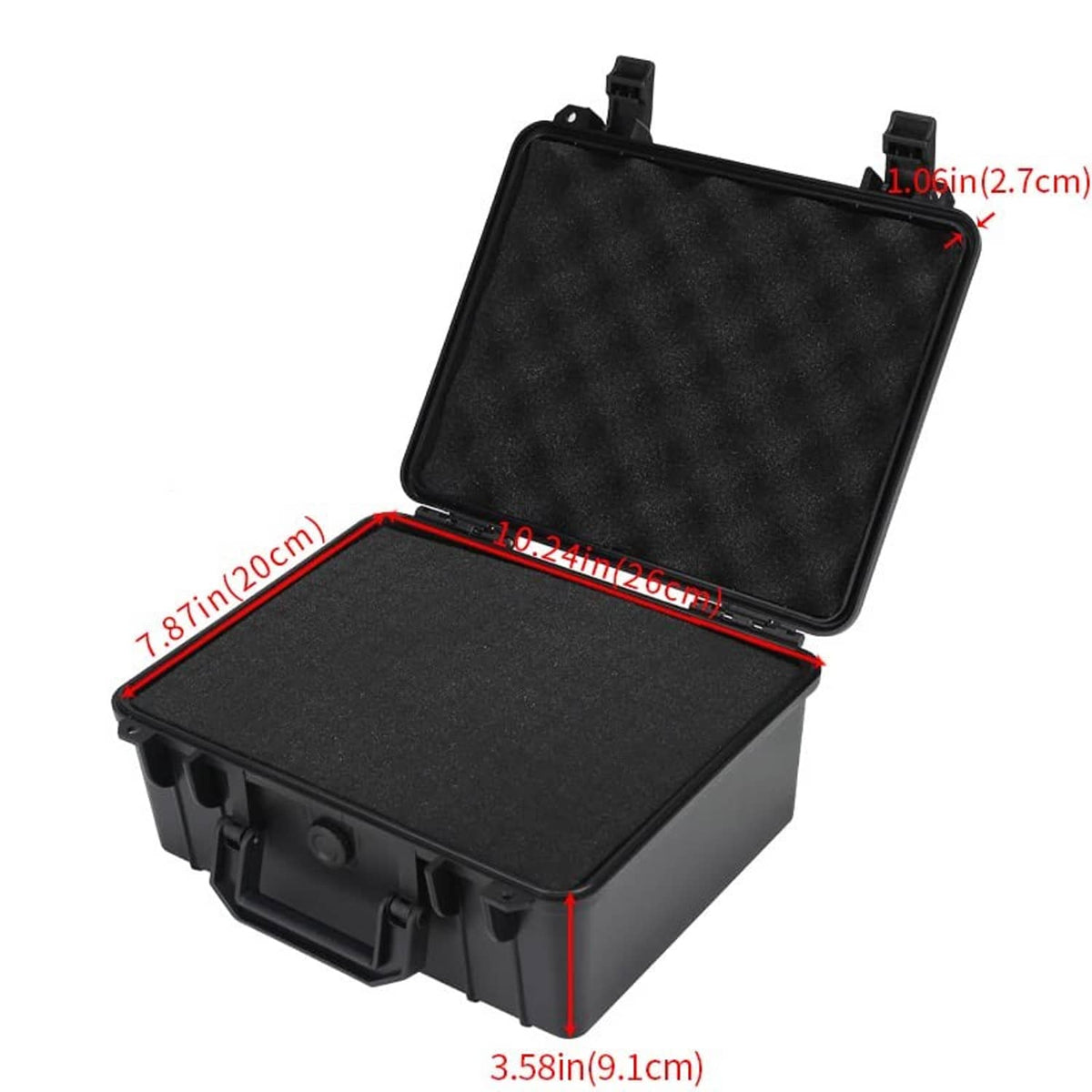 Black hard case with lid open showing gray foam insert and hinge hardware