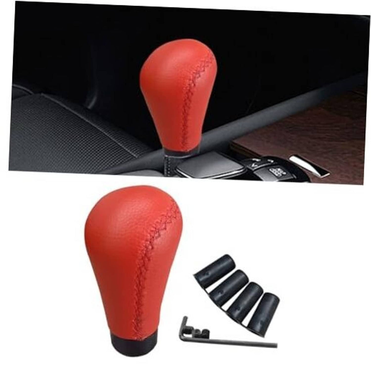 Red leather manual shift knob with stitched grip, replacement gear handle