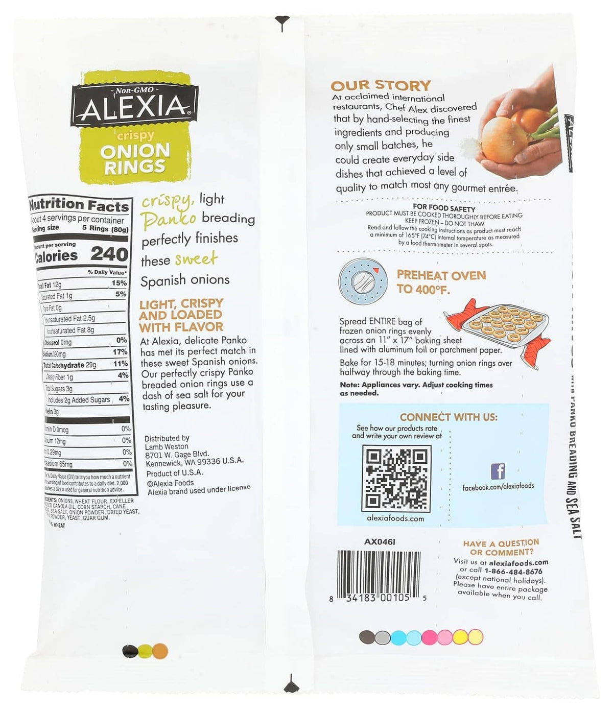 Onion rings food pouch back panel with Nutrition Facts and cooking instructions