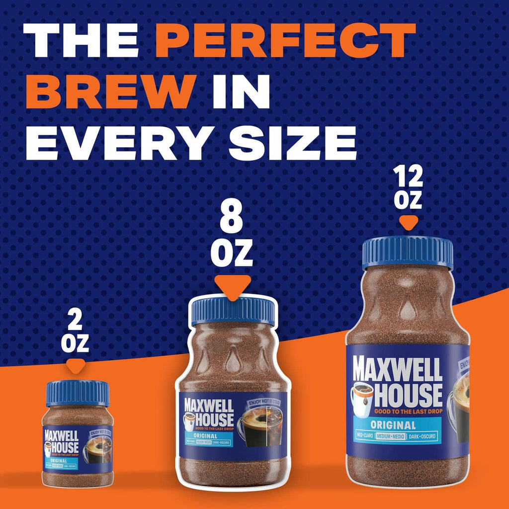 Three sizes of instant coffee jars, blue lids for original roast