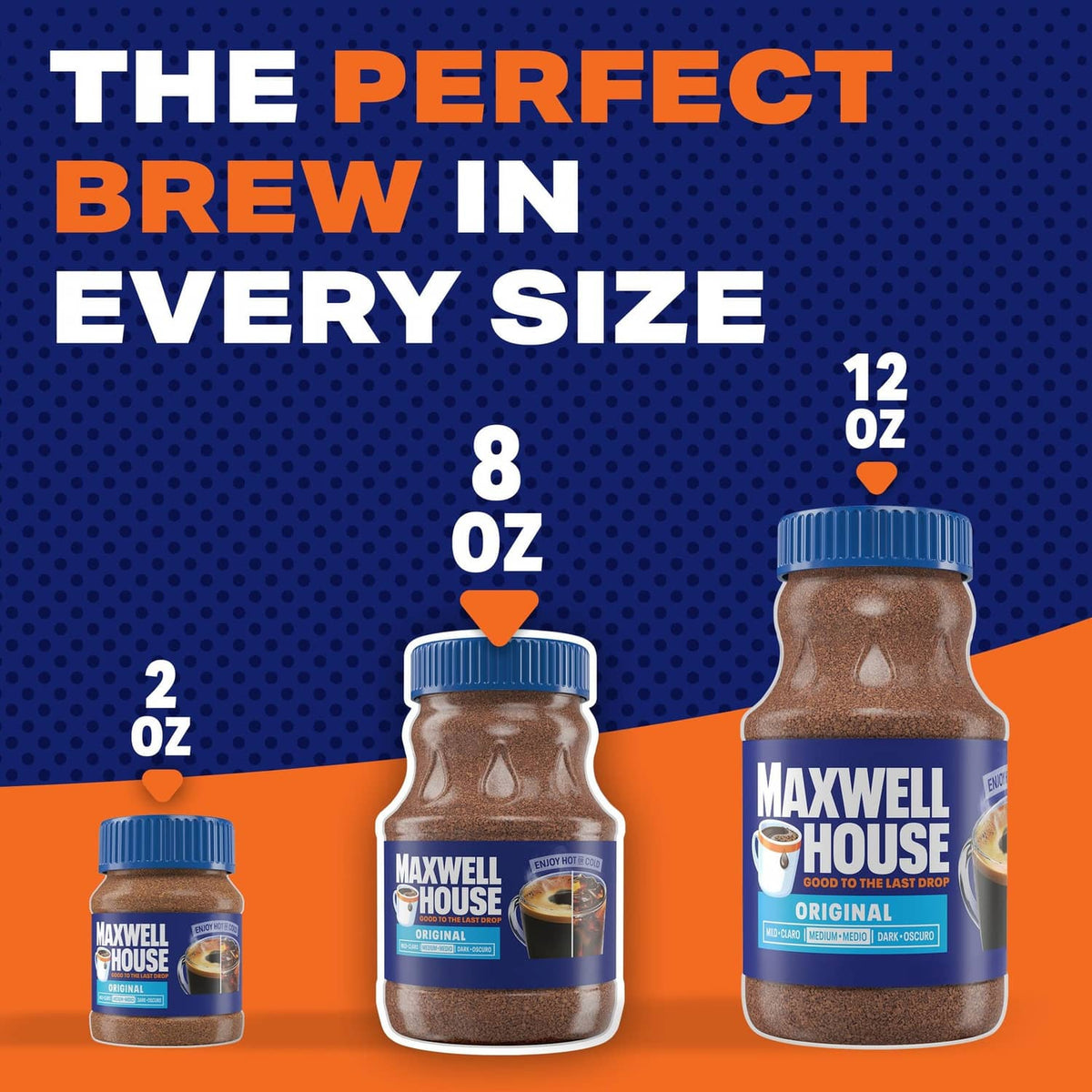 Three sizes of instant coffee jars, blue lids for original roast