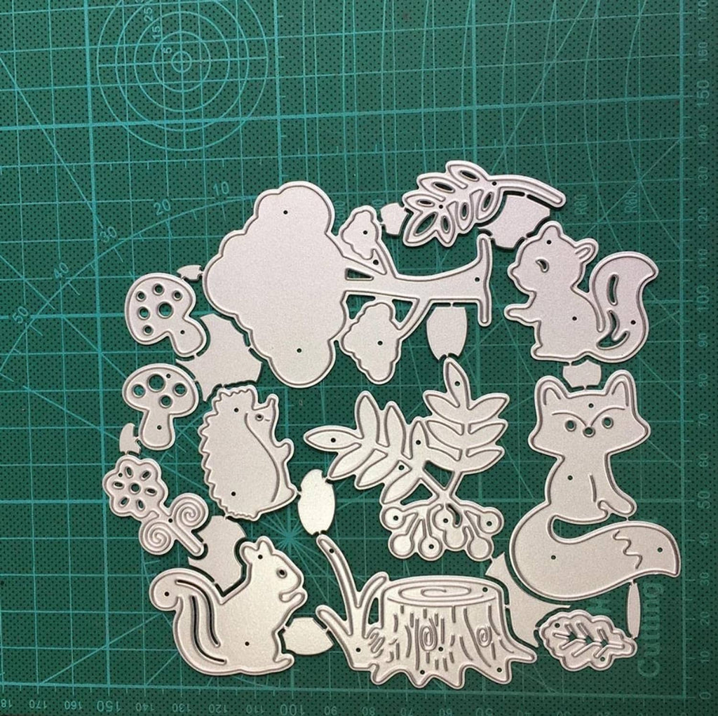 Forest animal metal die cuts set with silver fox, hedgehog, tree and flower shapes