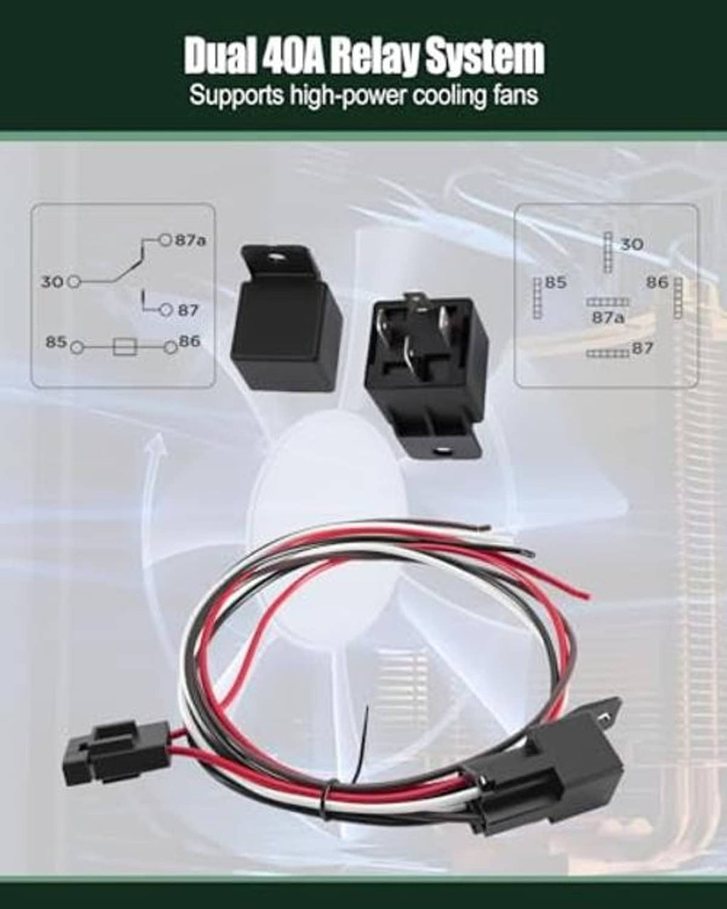 Dual 40A relay system parts: two relay modules and wiring harness with connectors