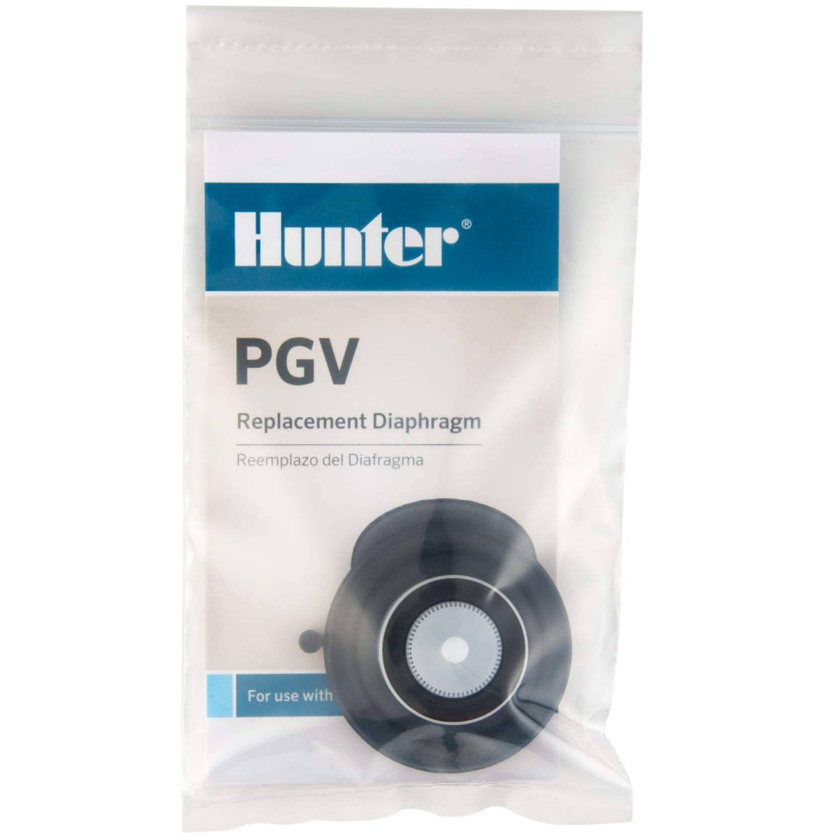 Irrigation valve replacement diaphragm in clear pouch, Hunter PGV label