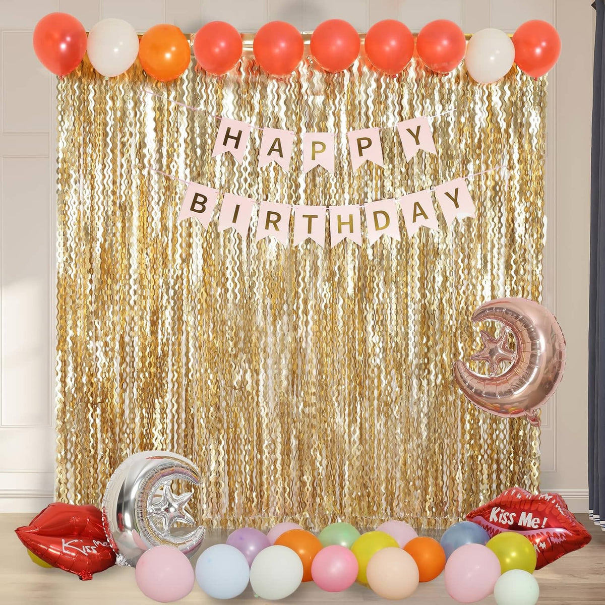 Champagne gold wavy metallic foil tinsel curtain backdrop