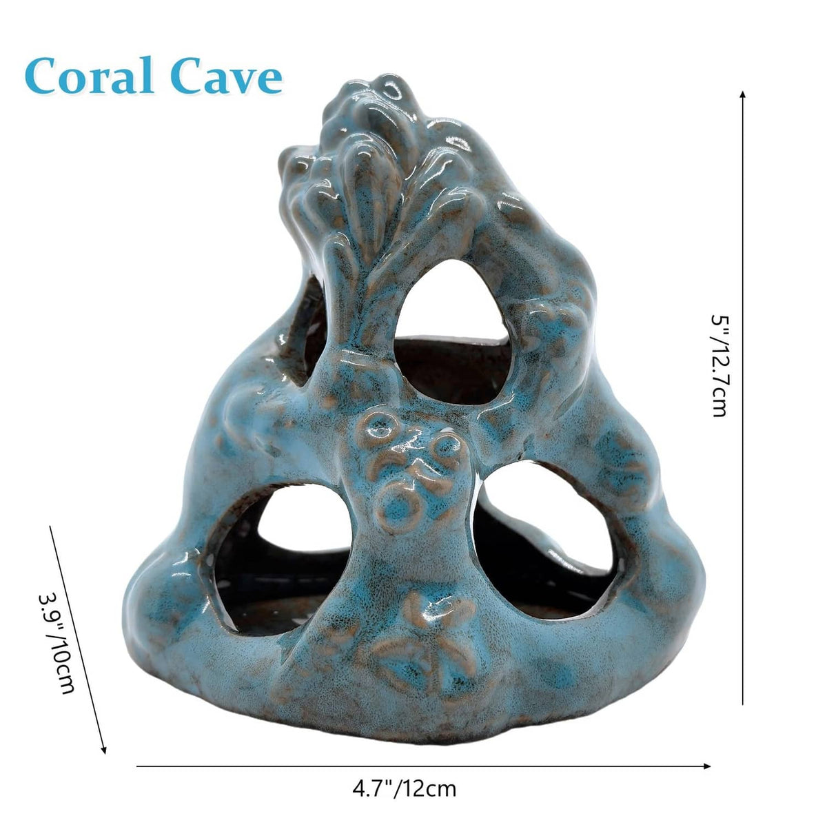 Blue ceramic aquarium cave with three arch openings; dimensions shown on white