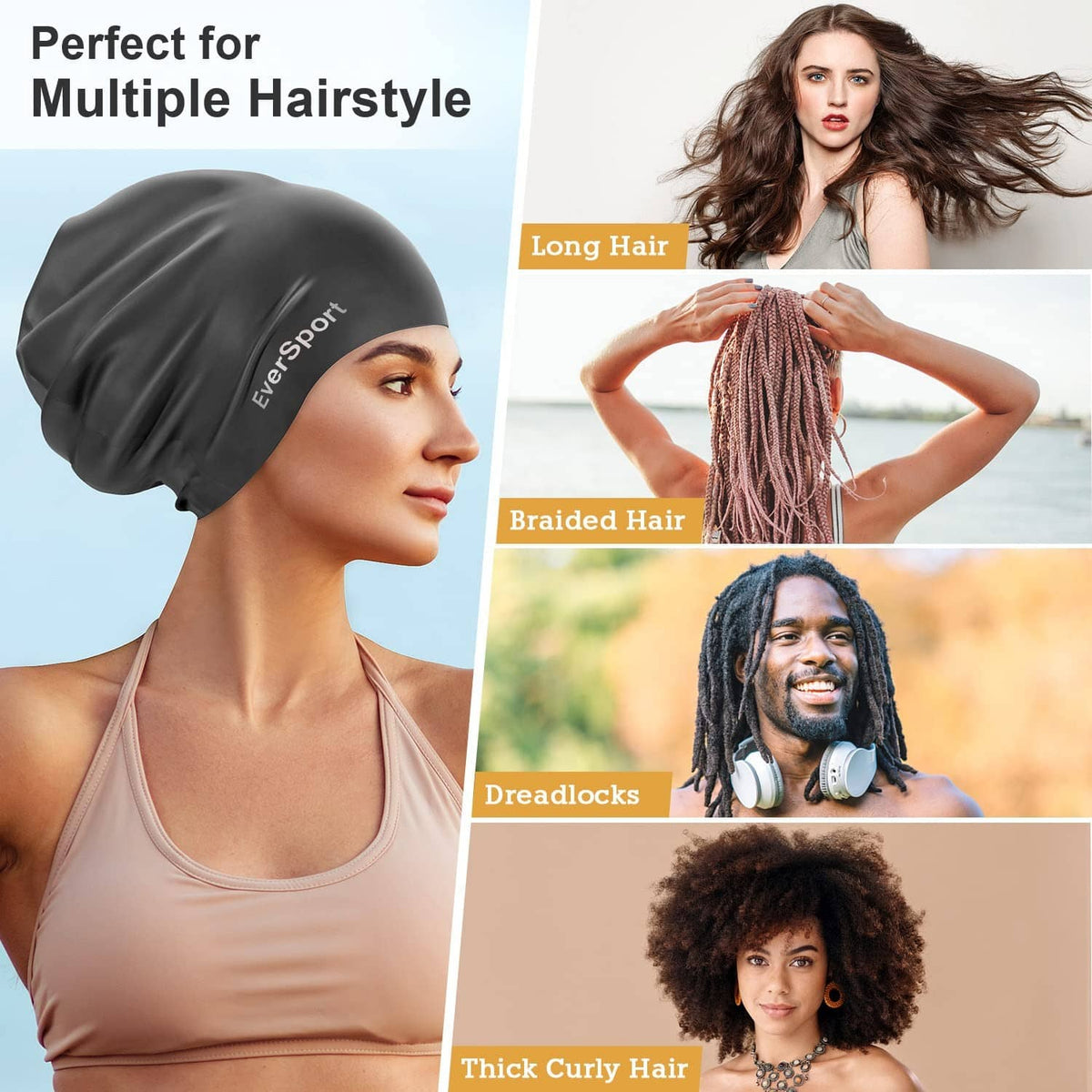 Black EverSport swim cap on model’s head for multiple hairstyles including dreadlocks