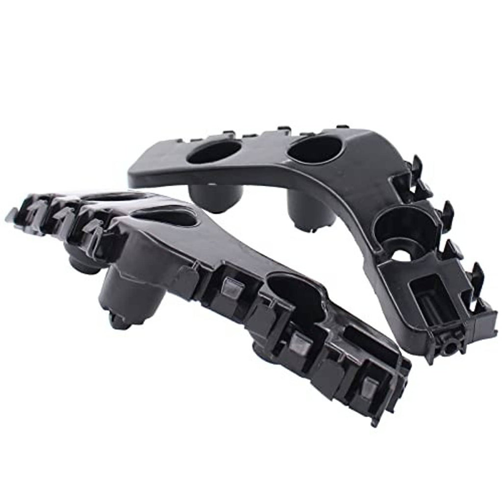 Pair of front bumper bracket retainer mounts, black plastic, angled top with openings