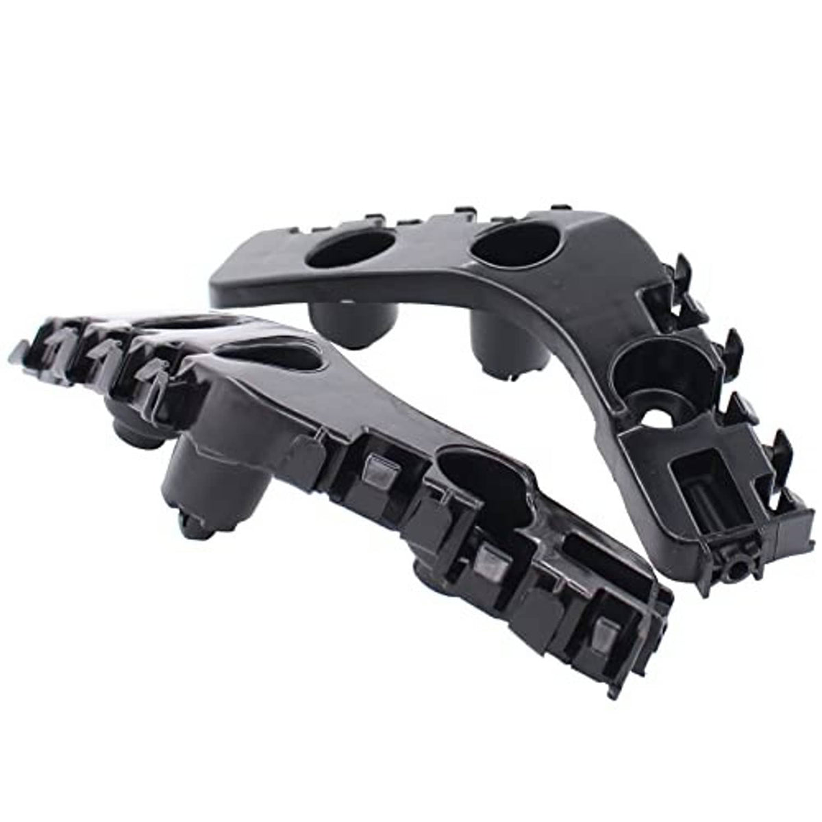 Pair of front bumper bracket retainer mounts, black plastic, angled top with openings