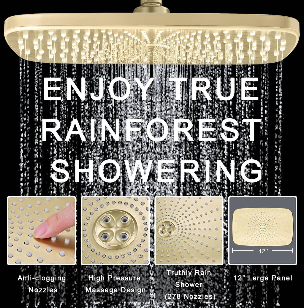 Gold overhead rain shower head with water stream, round nozzle face and spray settings panel