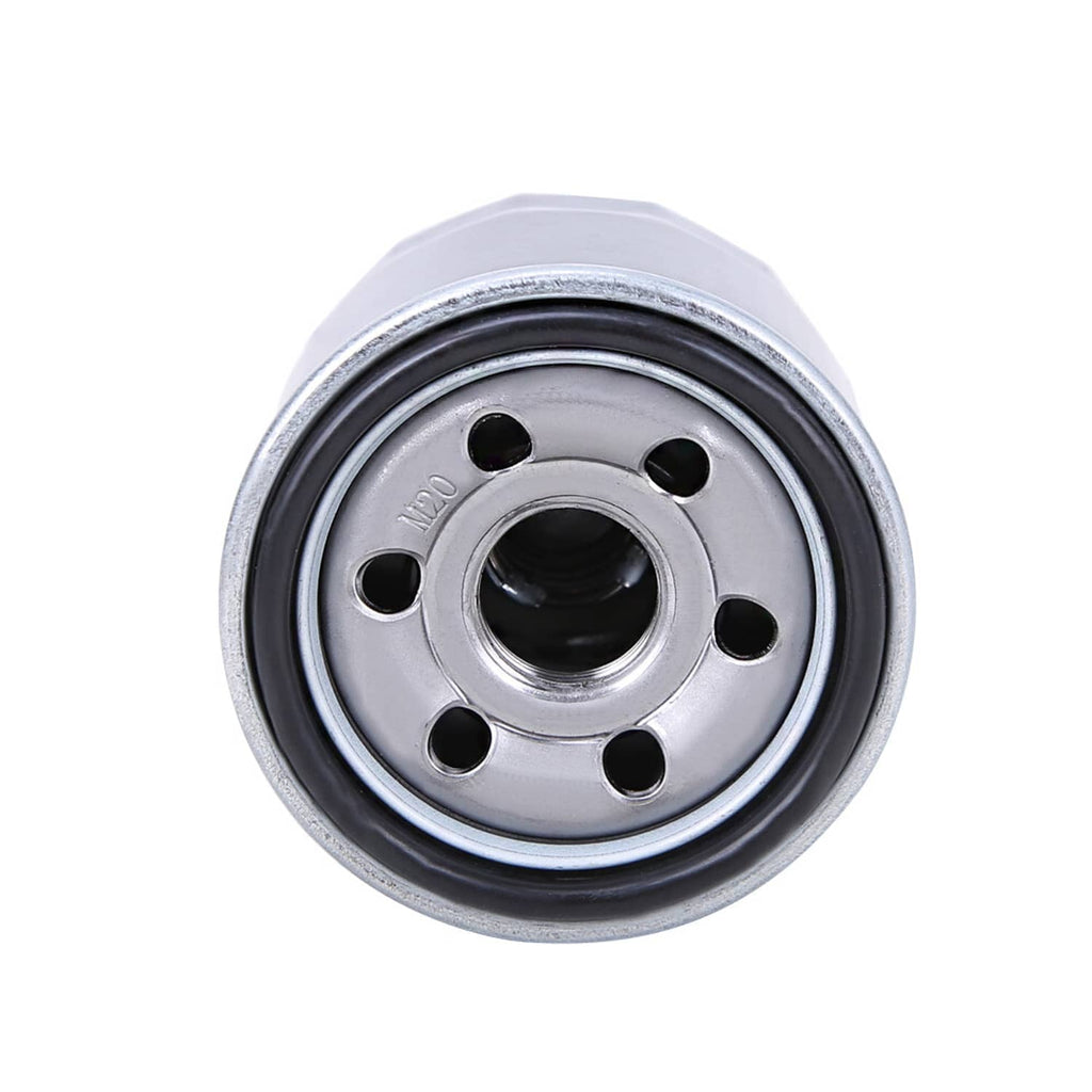 Oil filter cartridge top view with central inlet and four side ports, dark housing