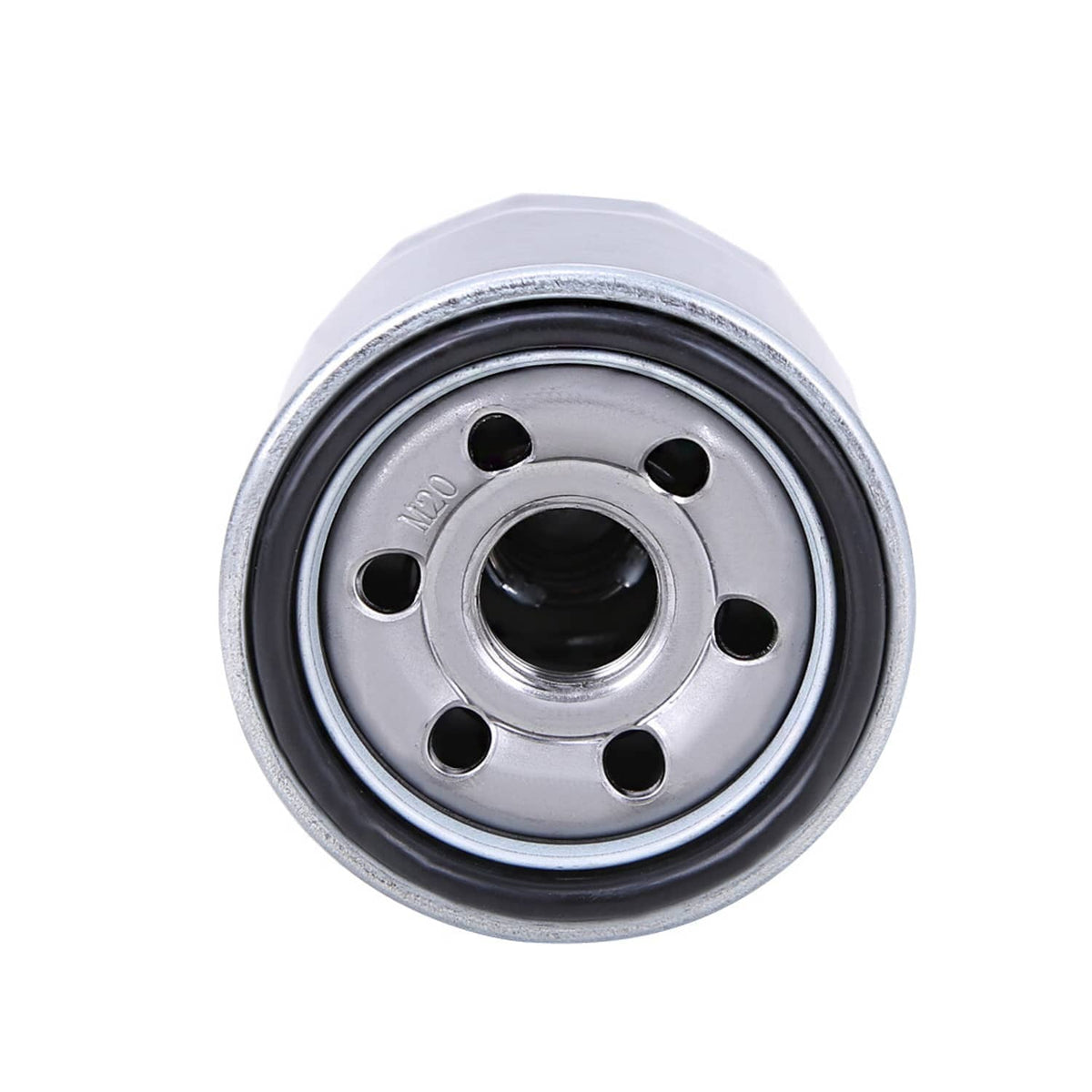Oil filter cartridge top view with central inlet and four side ports, dark housing