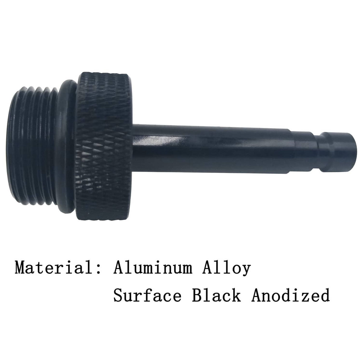 Black anodized aluminum ATF fill adapter with knurled grip and barbed tip