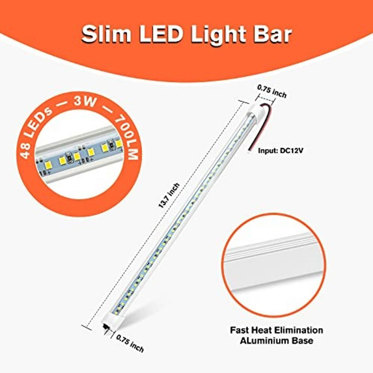 Slim LED light bar with aluminum base, showing input DC12V and LED strip segments