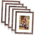 Set of 5 rustic brown MDF picture frames with photo prints under tempered glass
