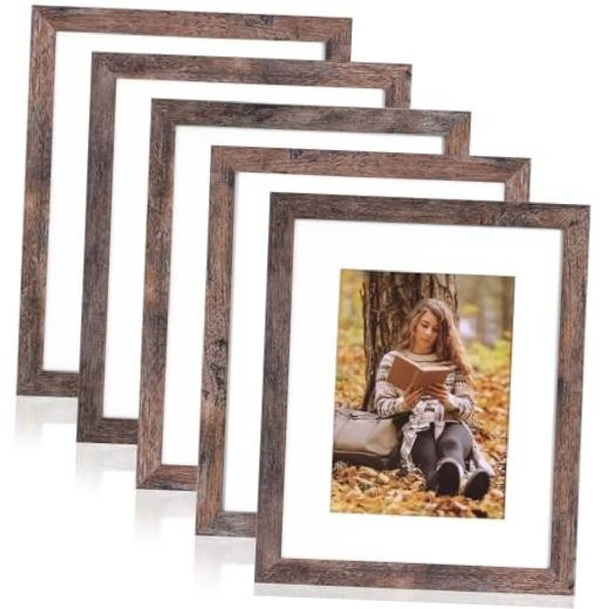 Set of 5 rustic brown MDF picture frames with photo prints under tempered glass