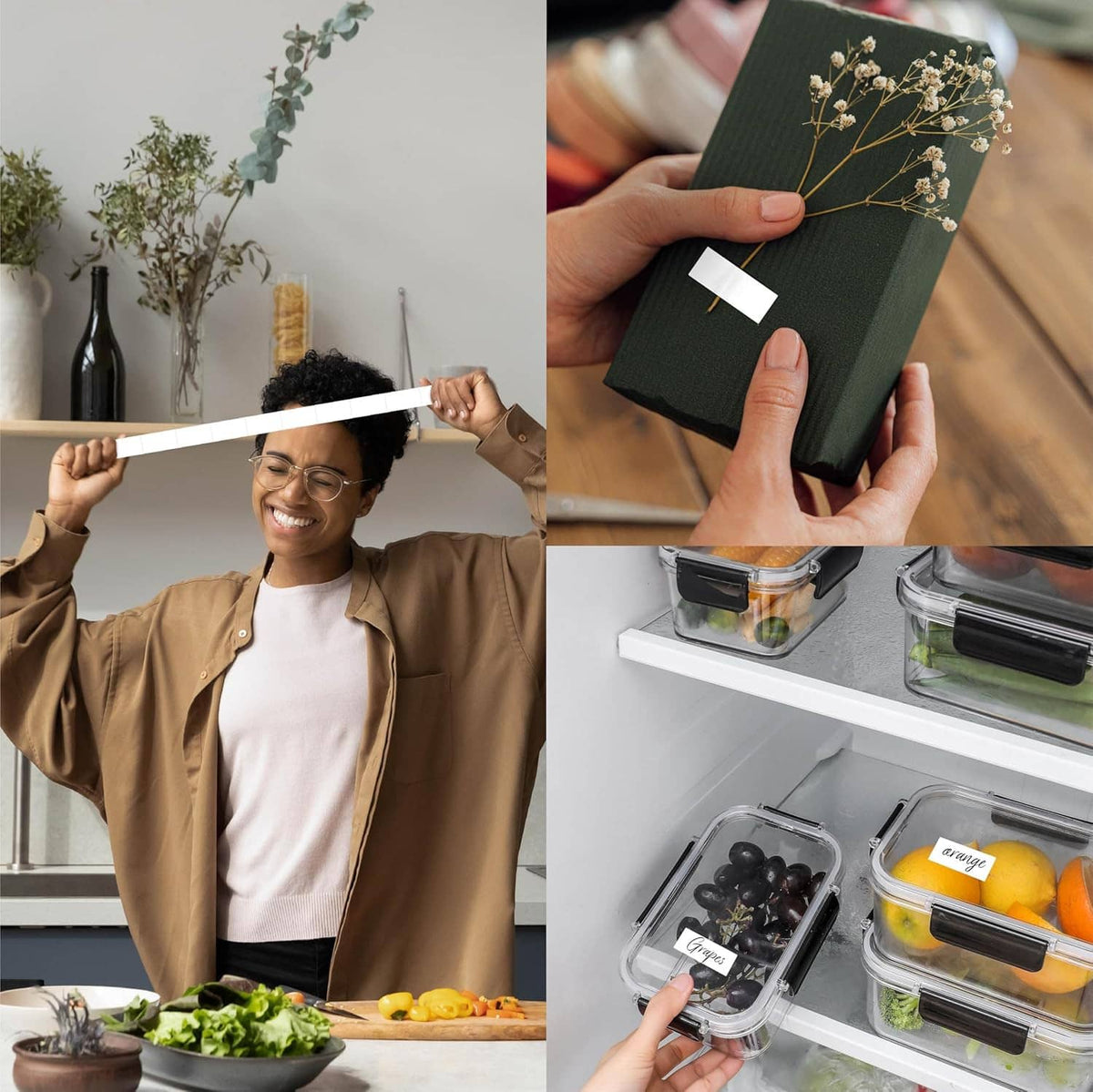 White rectangular self-adhesive labels applied to food storage containers