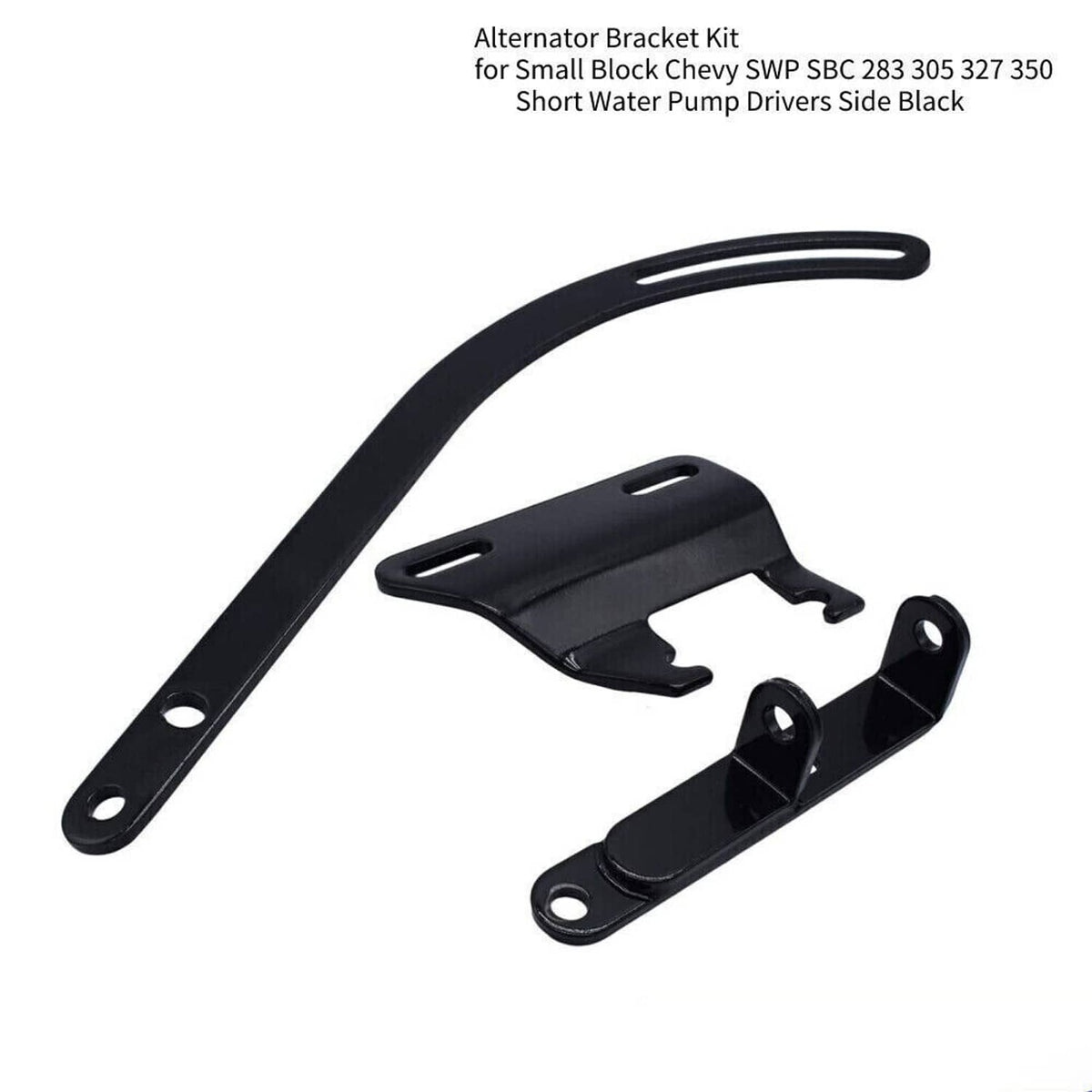 Black alternator bracket kit with curved arm and dual mounting bracket pieces