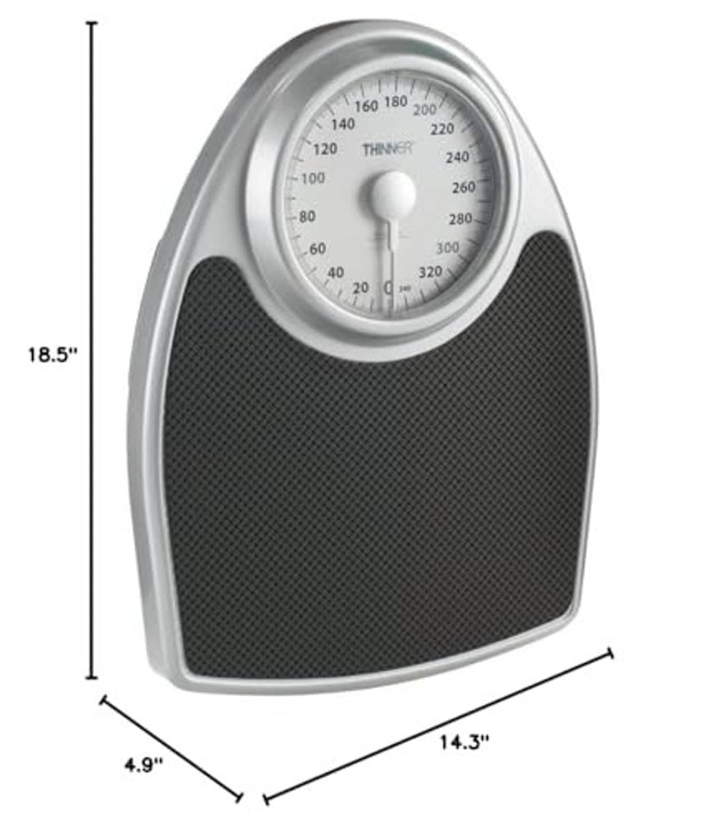 Conair analog bathroom scale dimensions 18.5" tall, 14.3" wide, 4.9" deep, dial centered