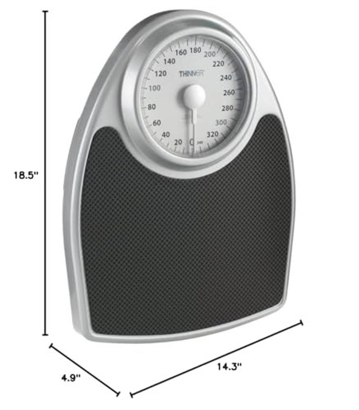 Conair analog bathroom scale dimensions 18.5" tall, 14.3" wide, 4.9" deep, dial centered