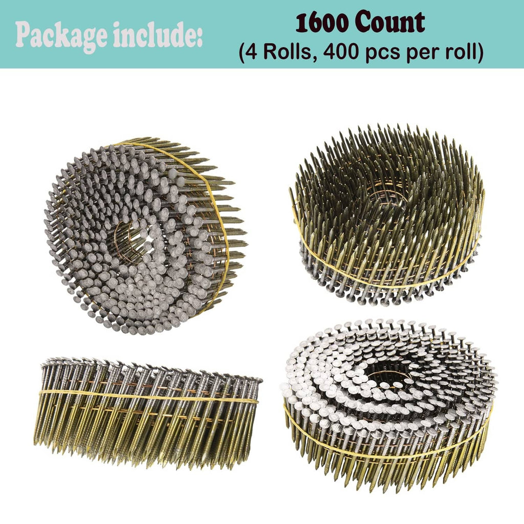 Four rolls of collated siding nails, galvanized wire coil, round heads and ring shanks