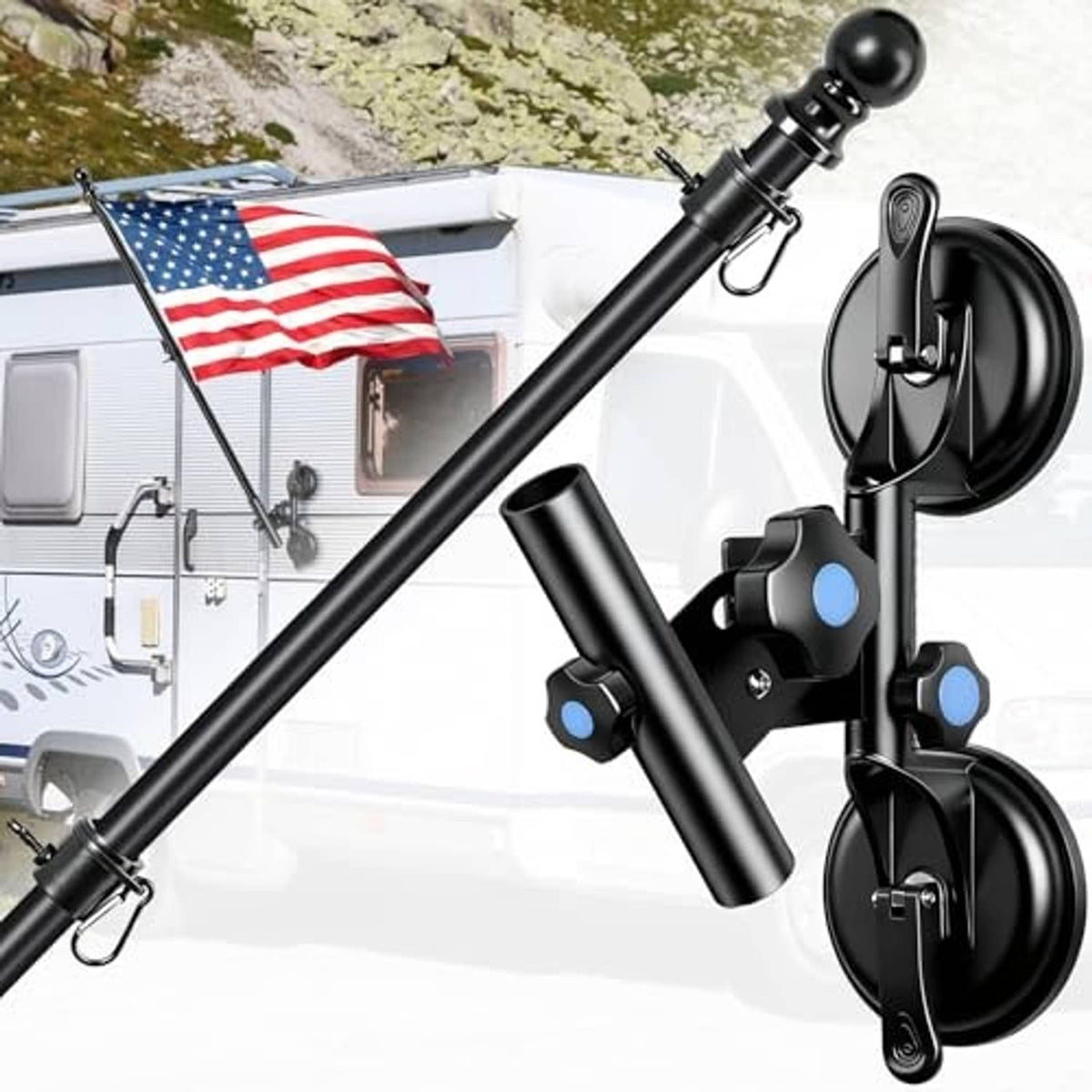 Black RV suction cup flagpole mount with adjustable arm and two suction cups