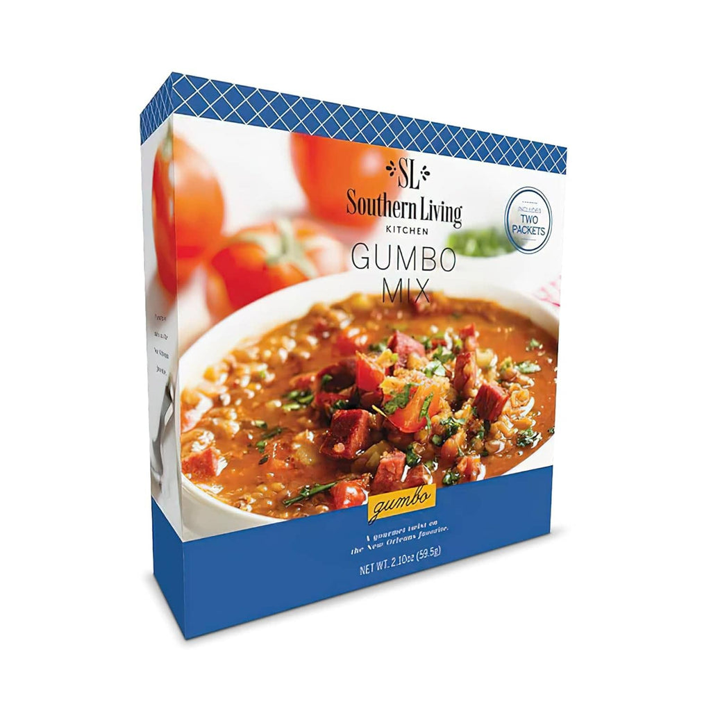 Gumbo seasoning mix box by Southern Living, shows gumbo bowl and two packets on label