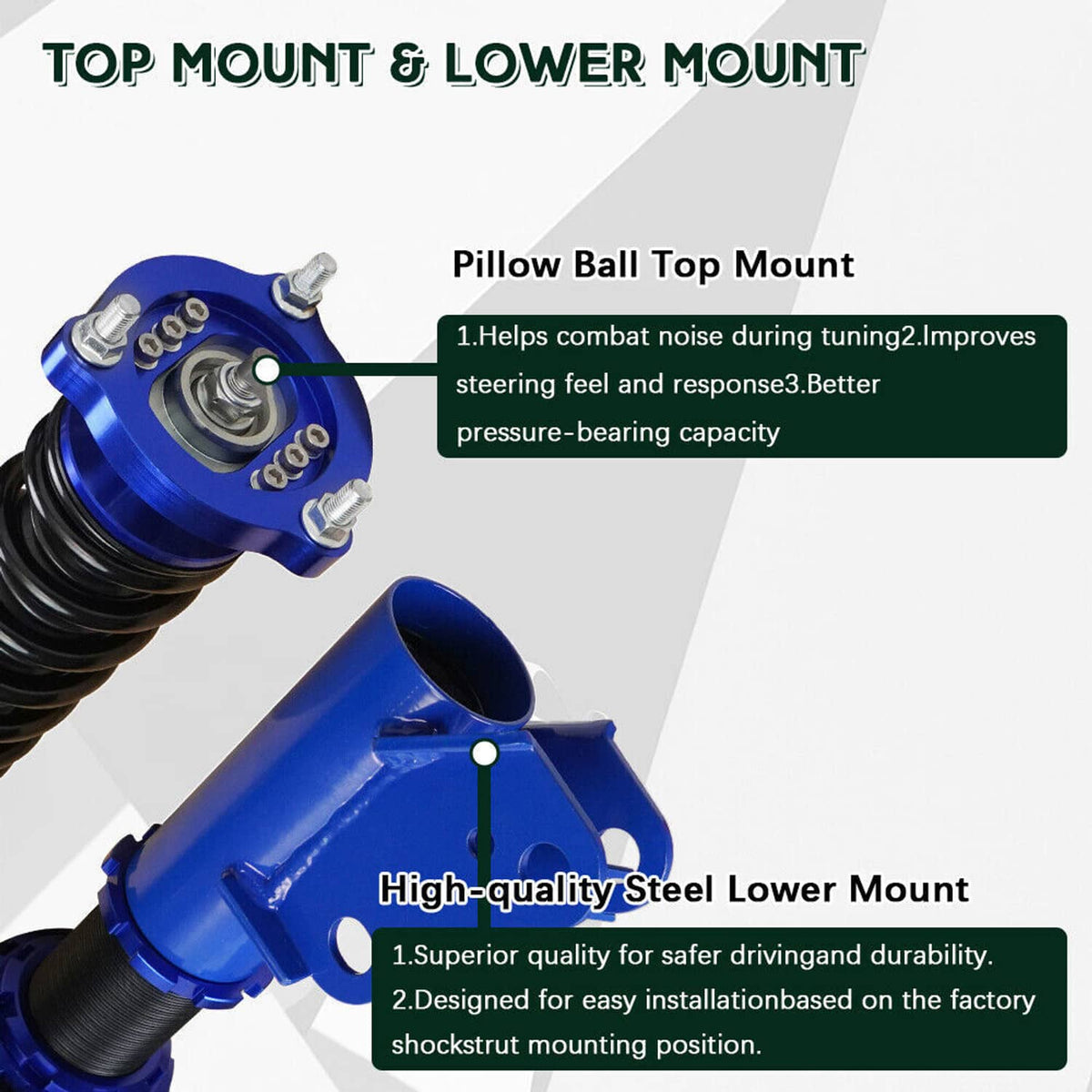 Adjustable coilover strut showing blue top and lower steel mounts with black spring