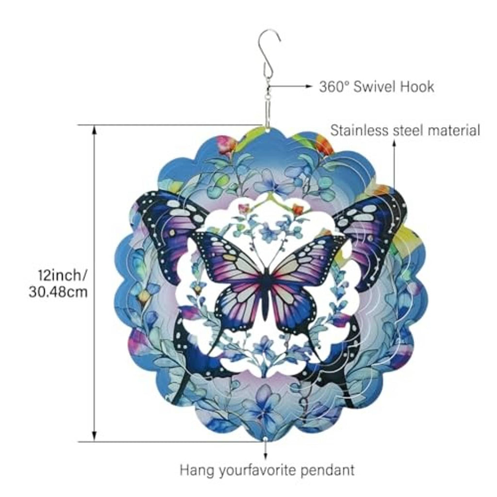 12-inch butterfly wind spinner with blue metal layers, central butterfly, and swivel hook