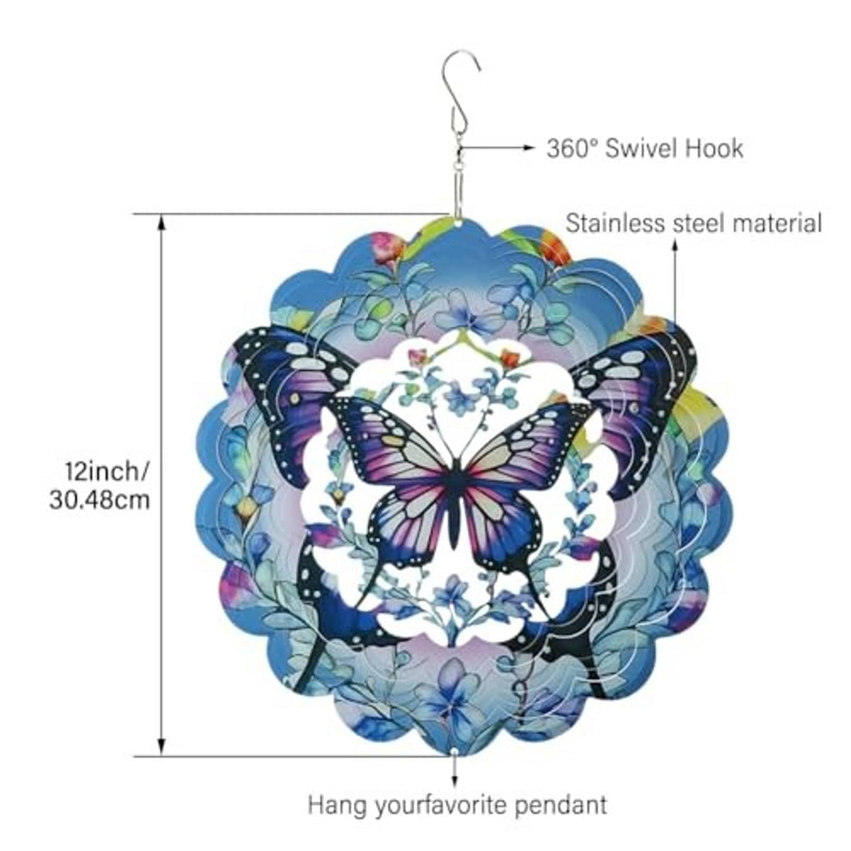 12-inch butterfly wind spinner with blue metal layers, central butterfly, and swivel hook