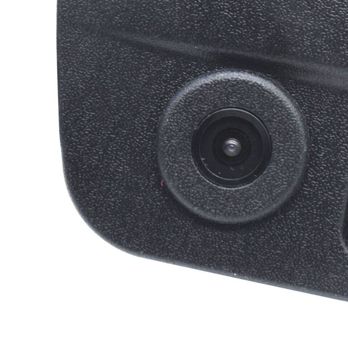 Close-up of the round tailgate backup camera lens in the black handle