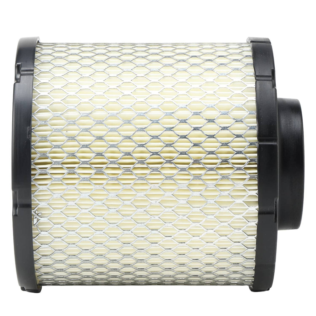 Air filter cartridge side view showing white pleated mesh and black outer housings
