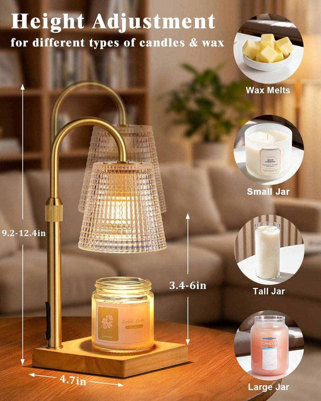 Candle warmer lamp with brass frame and clear shade, shown with candle jars and wax melts