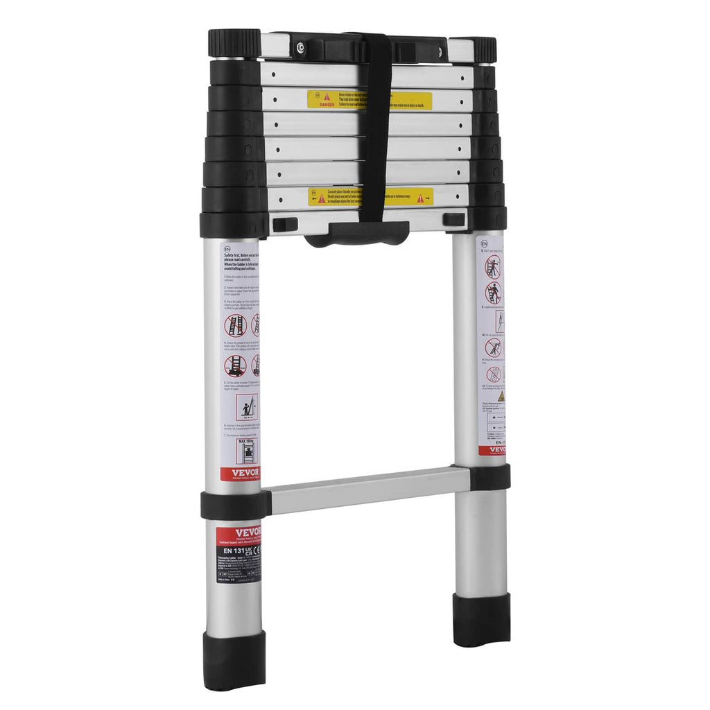 Telescoping ladder top locking assembly with black handle and safety label panel