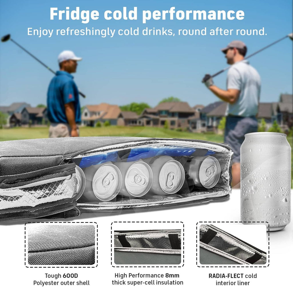 Insulated golf bag cooler with top open view and ice pack beside cans