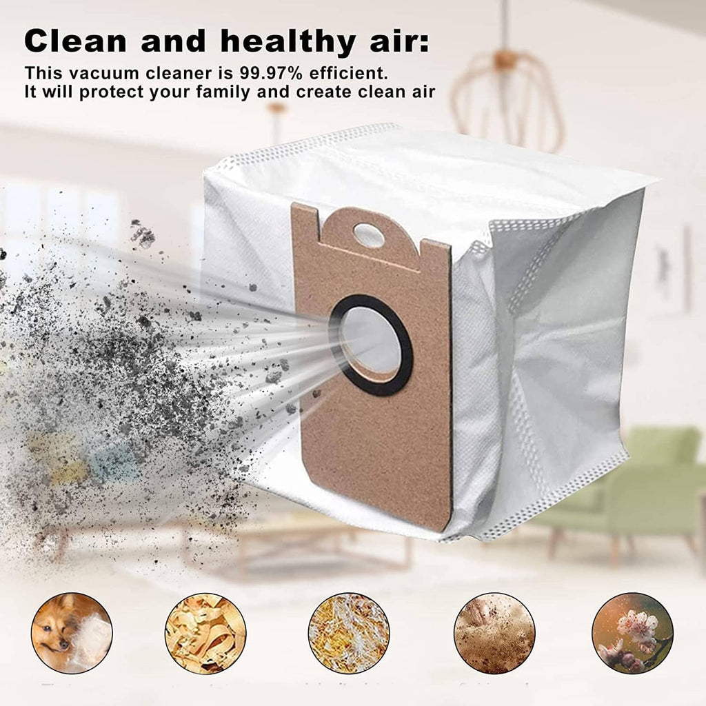 Replacement dust bag with brown tag and white pouch, shown holding dust debris