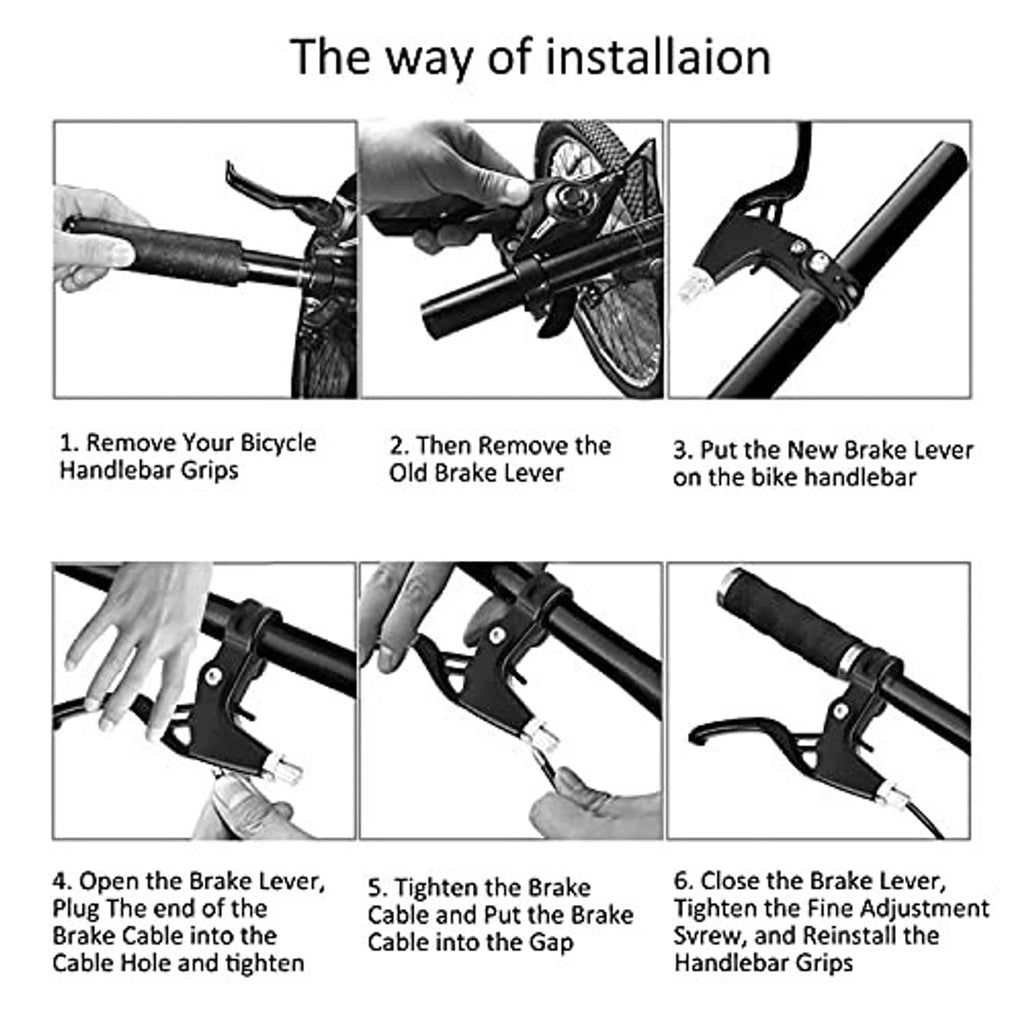 Bicycle brake lever installation view on handlebar, showing clamp and cable routing steps