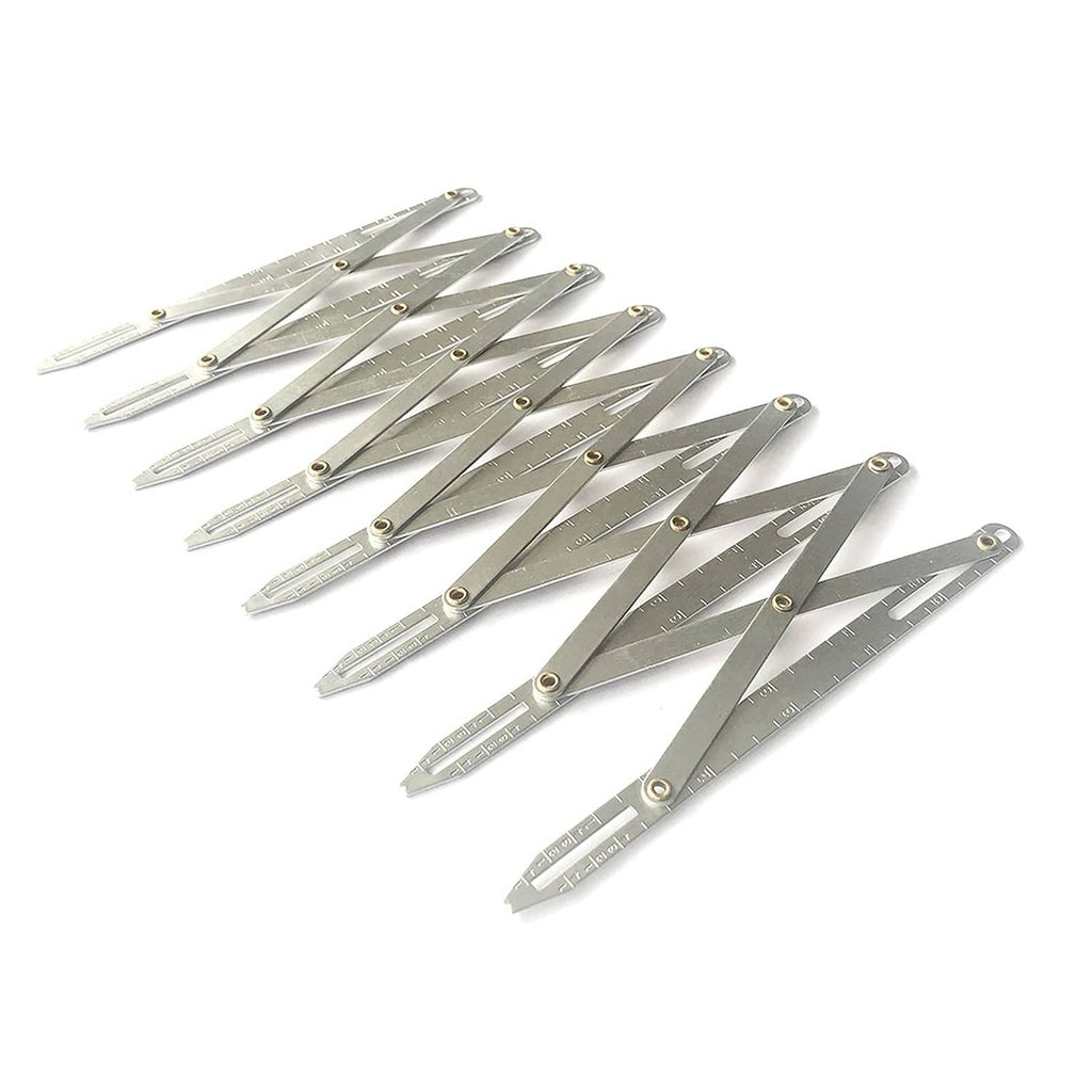 Silver aluminum button guide rulers, hinged spacing arms with measurement markings