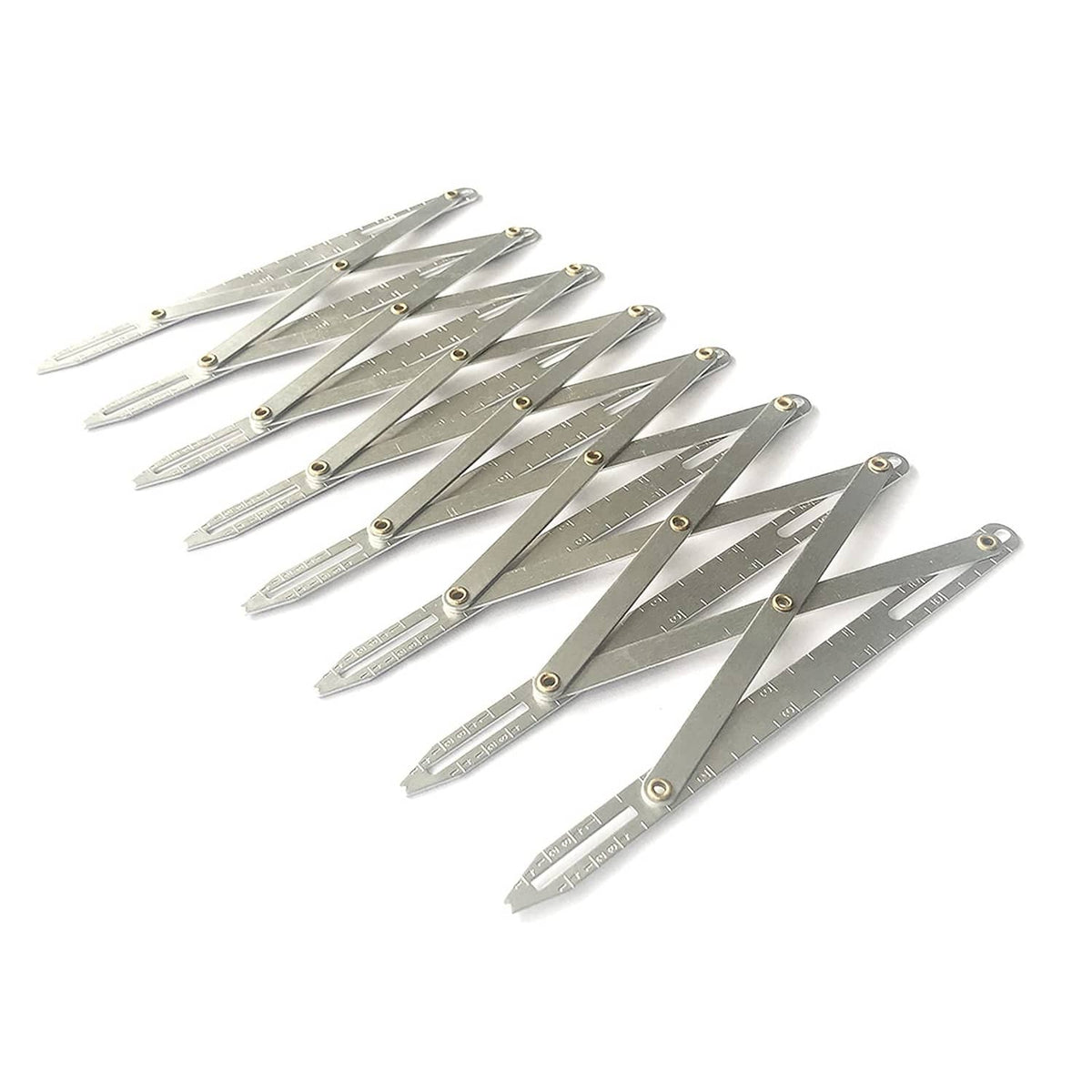 Silver aluminum button guide rulers, hinged spacing arms with measurement markings